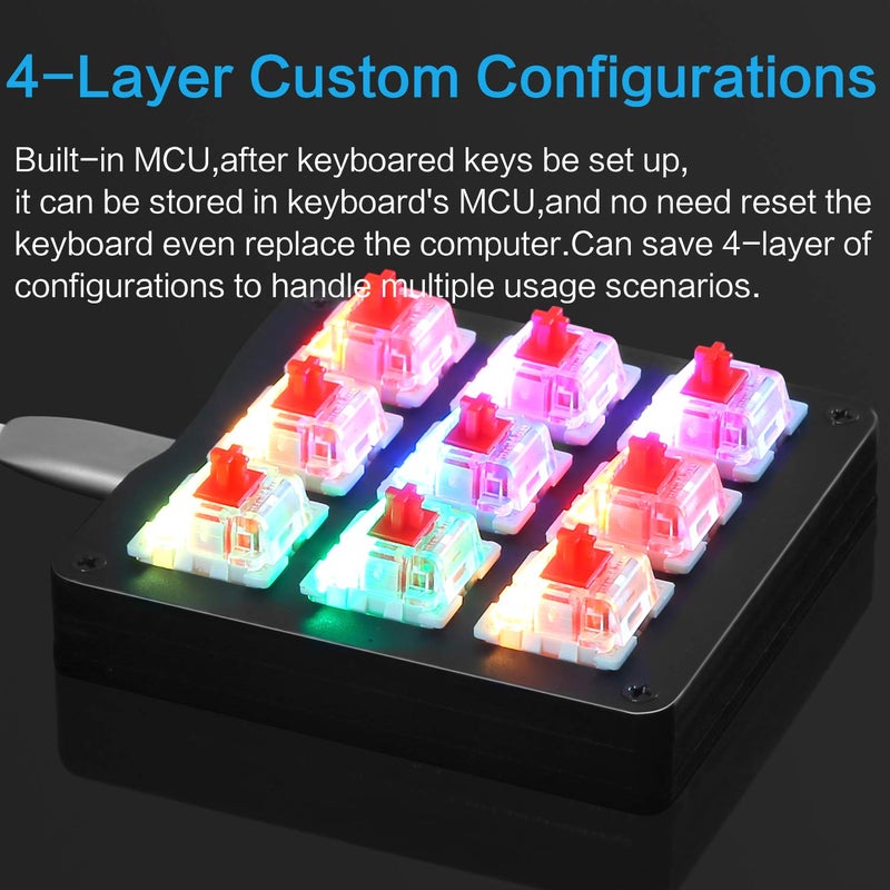 Koolertron لوحة مفاتيح ميكانيكية ماكرو بيد واحدة من كولترون، مضاءة بخلفية LED RGB، لوحة مفاتيح ألعاب محمولة صغيرة بيد واحدة، لوحة مفاتيح OSU! مع 9 مفاتيح قابلة للبرمجة بالكامل ومفاتيح حمراء - Image 5